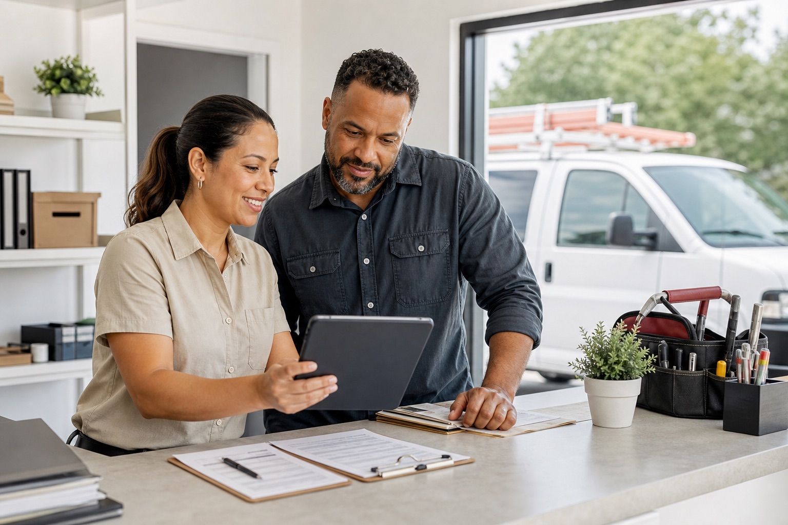 Service business owner and coordinator reviewing the day's work on a tablet