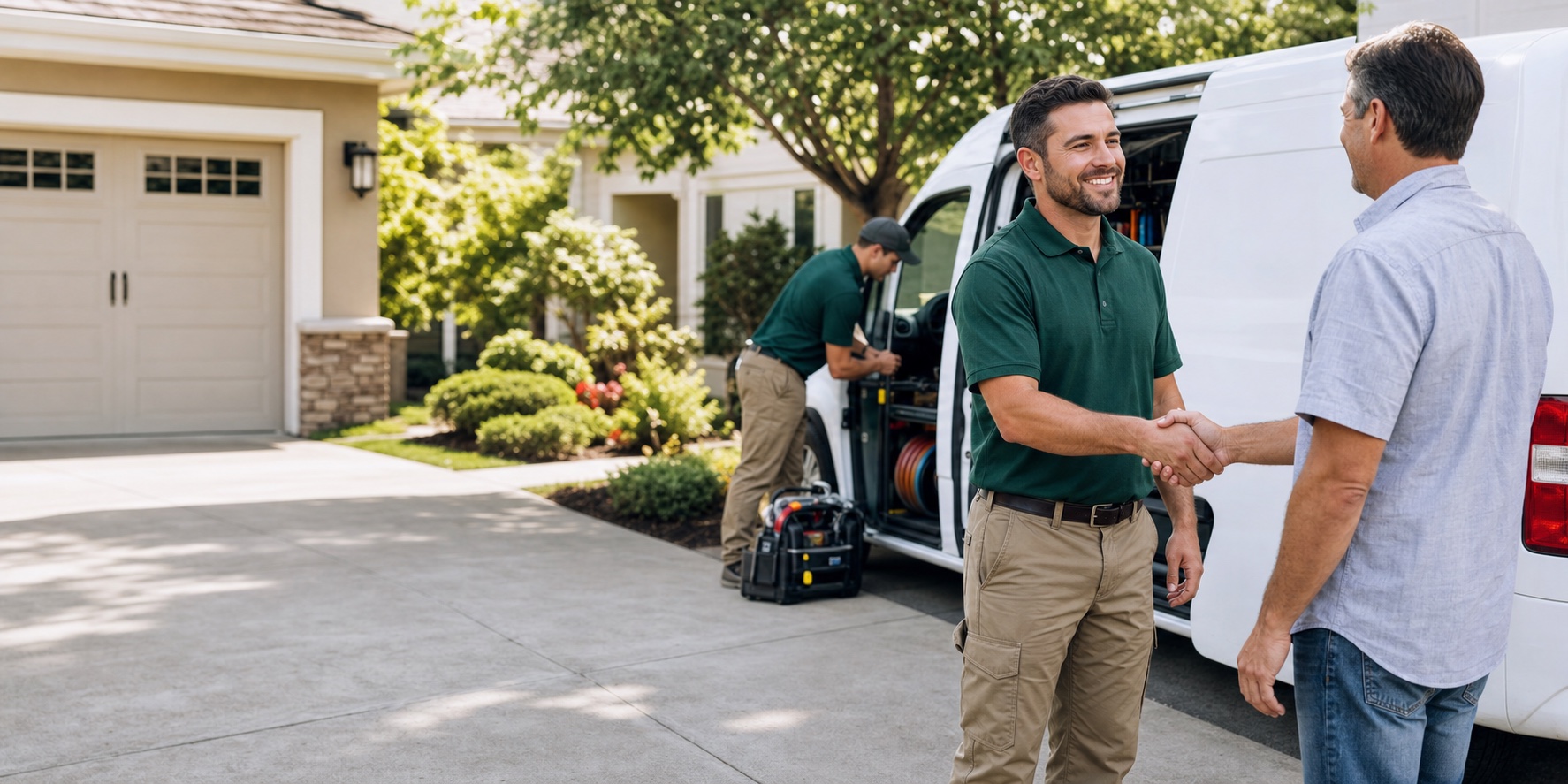 Service professional greeting a homeowner beside a work van